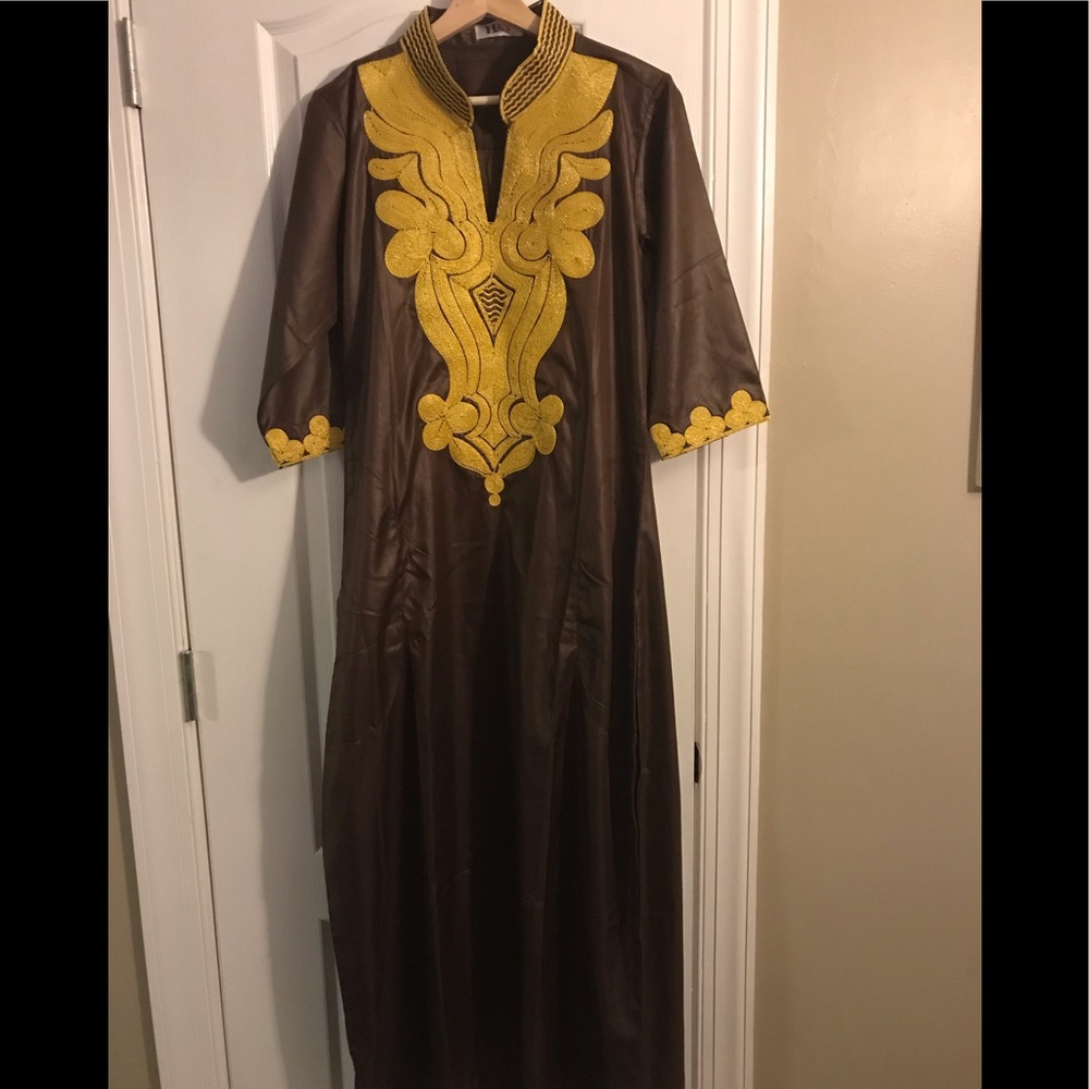H&D African Brown And Yellow Dress Kaftan Medium